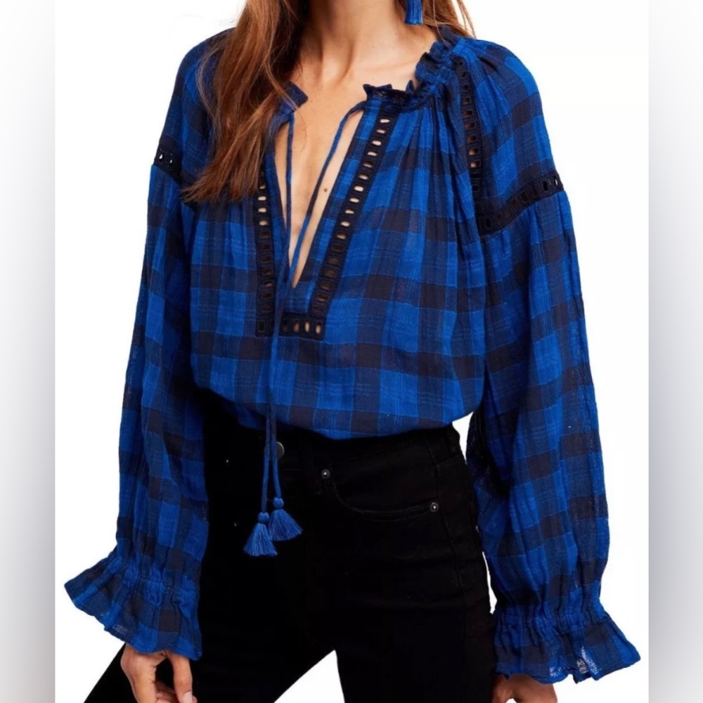 Free People Honey Grove Blue Checked Top
